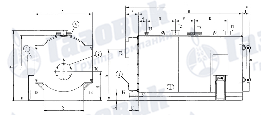 Габаритные размеры и конструкция котла Ferroli Prextherm T 3G ASL для перегретой воды